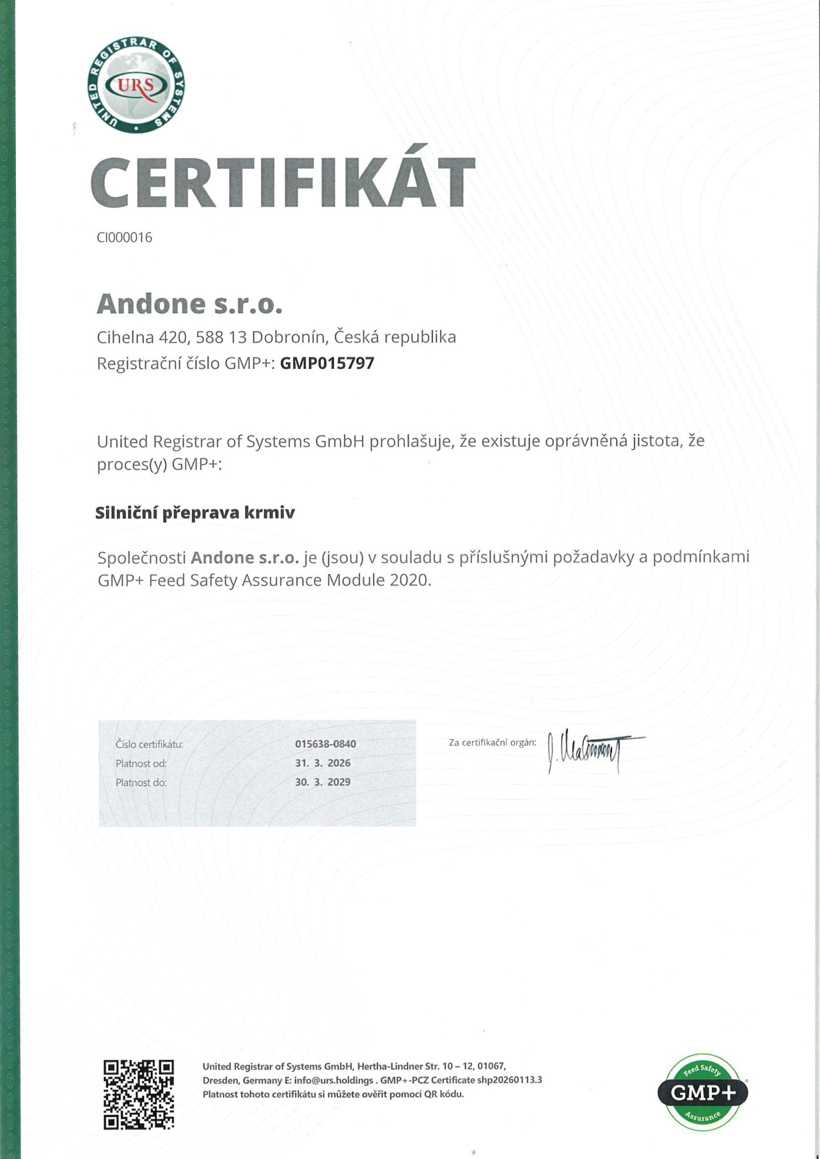 Certifikát GMP+ CZ