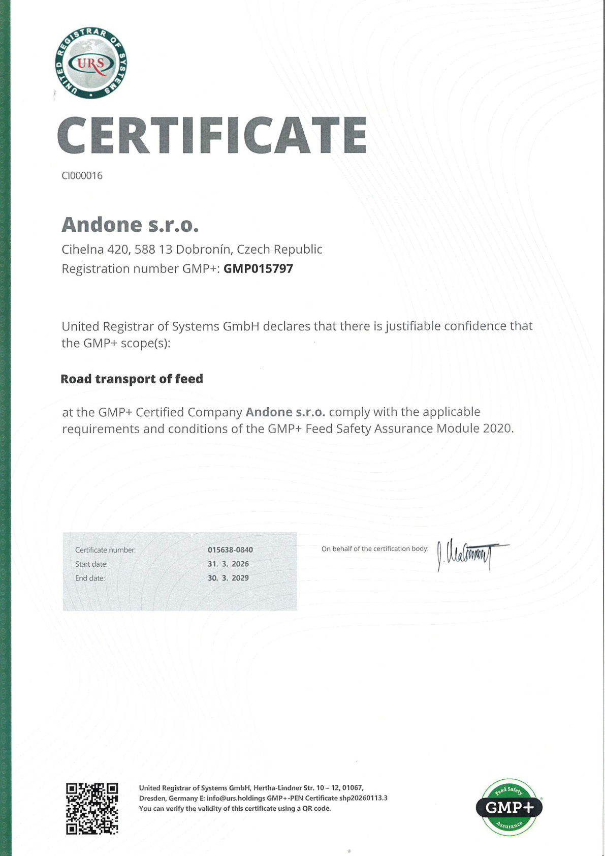 Certifikát GMP+ ENG